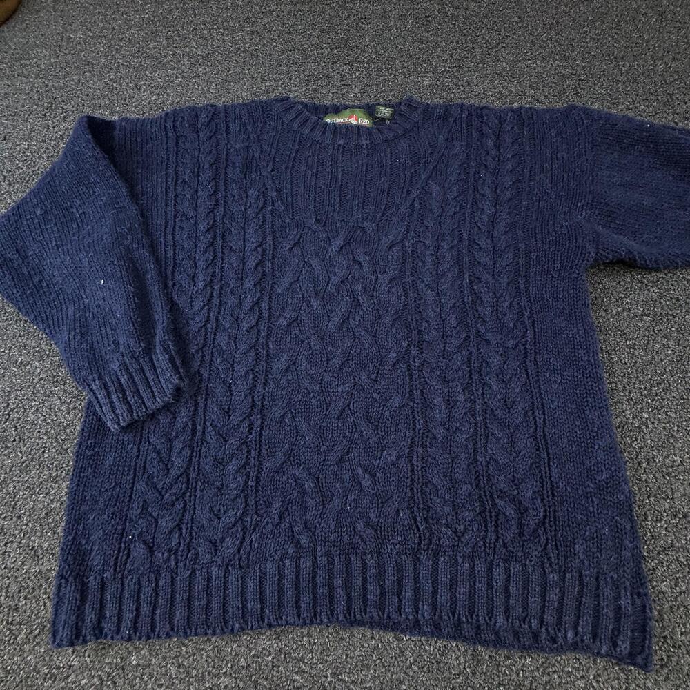 Vtg Outback Red Sweater Mens XL Blue Cable-Knit Pullover Heavyweight Crewneck